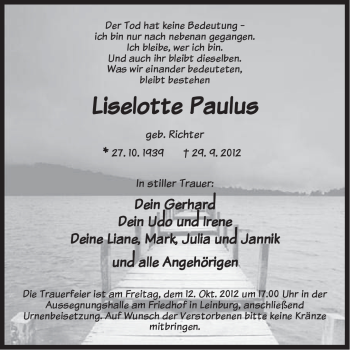 Traueranzeige von Liselotte Paulus von Pegnitz-Zeitung